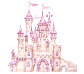 Fantasy princess castle. Pink Fairy tale watercolor hand painted illustration isolated on transparent background. Ideas for baby shower invitation, kids greeting cards, girls nursery decoration - 607862609