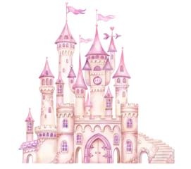 Fantasy princess castle. Pink Fairy tale watercolor hand painted illustration isolated on transparent background. Ideas for baby shower invitation, kids greeting cards, girls nursery decoration © MarinadeArt