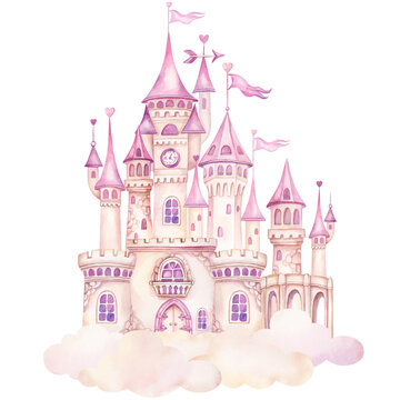 Pink Princess castle on clouds. Fairytale magic kingdom watercolor hand drawn illustration isolated on transparent background. Ideas for kids greeting cards, baby shower invitation, nursery decoration