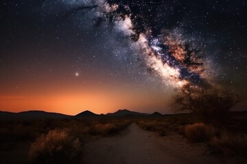 Fototapeta na wymiar milky way galaxy, shining brightly in the night sky over desert landscape, created with generative ai