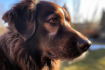 close-up of dog's face, with the sun shining down and reflecting off its fur, created with generative ai