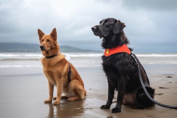 Fototapeta na wymiar dog and cat lifeguards scanning the beach for swimmers in distress, created with generative ai