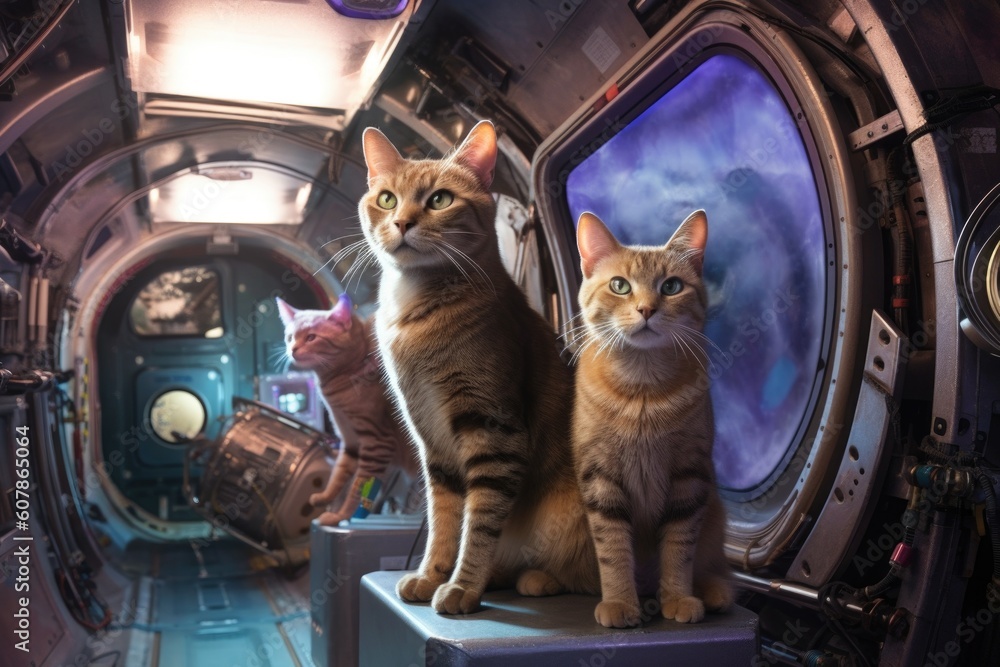 Sticker intergalactic adventure with feline and canine crew, exploring new worlds, created with generative a
