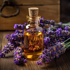 Obraz na płótnie Canvas Generative ai. Essential lavender oil bottle and flowers