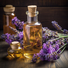 Obraz na płótnie Canvas Generative ai. Essential lavender oil bottle and flowers