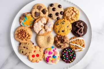 plate of cookies, each with different topping and shape, created with generative ai