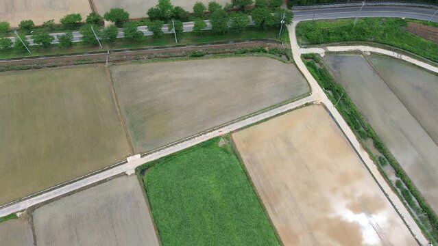 모내기철을 맞이한 바둑판 모양의 논에 물을 대고 흙을 갈아엎는 농기계