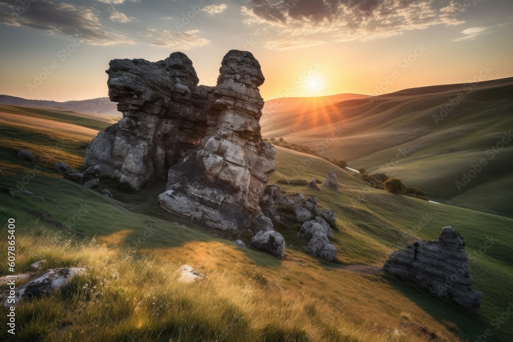 Sticker natural rock formation surrounded by rolling hills, with the sun setting in the background, created with generative ai