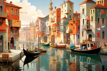 Beautiful view of Venice canal and boats, Italy. Digital painting.AI Generated