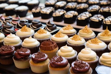 display of classic and gourmet cupcakes in a variety of colors, shapes, and sizes, created with generative ai