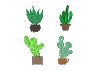 Set of four cute green cacti in pots isolated on white, simple digital illustration in flat doodle style. For postcards, stickers, magnets, prints on clothes, mugs, toys etc. 