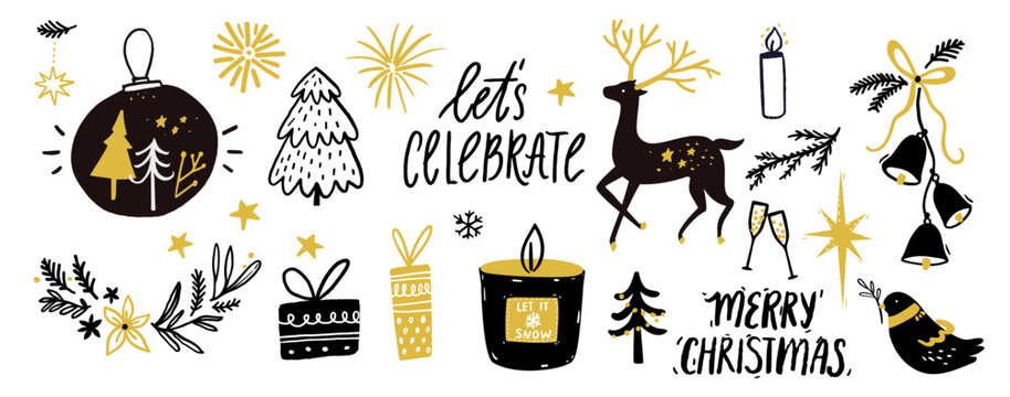 Christmas vector illustrations isolated on white banner. Black deer silhouette, hand drawn decoration, candles and Christmas tree. Gift boxes, hanging bells and lettering text lets celebrate.