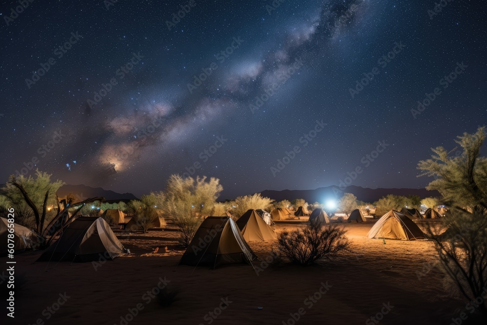 Canvas Prints desert night sky with stars and moon shining down on rows of tents, created with generative ai