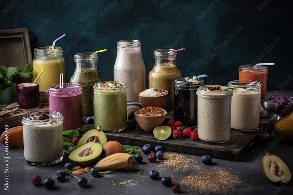 Wall mural variety of smoothies and shakes, with different ingredients, flavors and textures, created with generative ai - Wall murals