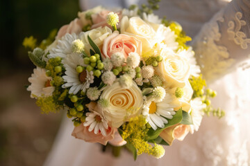 Wedding flower bouquet with pink and yellow rose flowers. Generative AI illustration