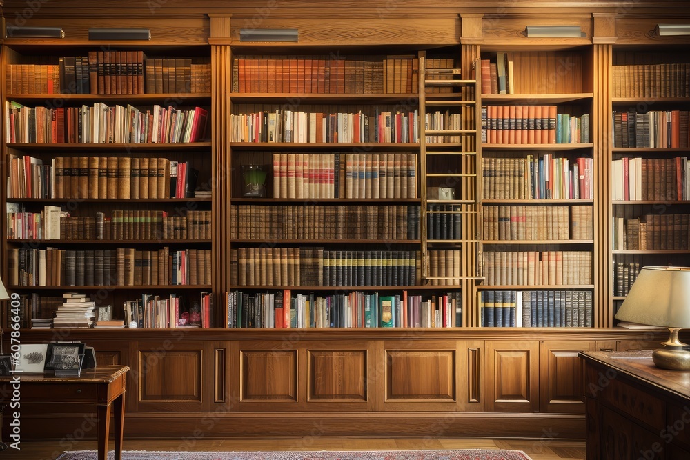 Poster wood-paneled wall with built-in bookcase, showcasing a collection of books, created with generative ai