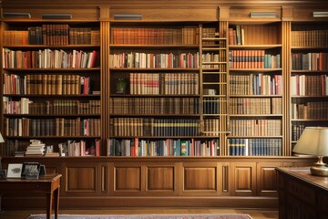 wood-paneled wall with built-in bookcase, showcasing a collection of books, created with generative ai