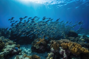 Fototapeta na wymiar school of fish swimming among coral reefs, created with generative ai
