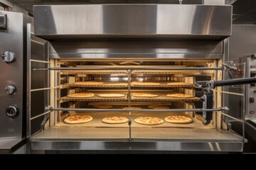 commercial oven with pizza and bagels in view, ready for the lunch rush, created with generative ai
