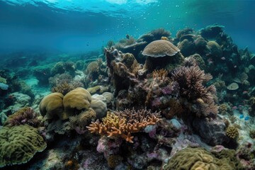 coral reef, with schools of fish and octopuses swimming among the corals, created with generative ai