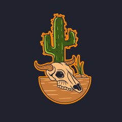 Hand drawn illustration of cactus and cow skull