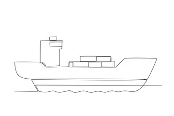 A ship filled with goods. Harbor activities one-line drawing
