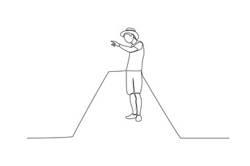 A man standing on the ship pointing ahead. Harbor activities one-line drawing