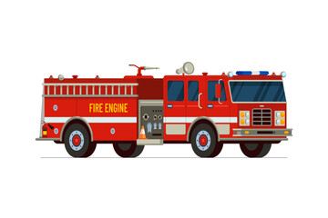 Fire engine truck isometric side front view. Firetruck car with Siren alarm and water tank. Firefighter red vehicle. Fireman emergency rescue transport. Firefighting lorry vector eps flat illustration