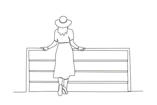 Rear view of a woman standing in a boat. Harbor activities one-line drawing