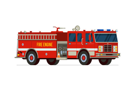 Fire engine truck isometric side front view. Firetruck car with Siren alarm and water tank. Firefighter red vehicle. Fireman emergency rescue transport. Firefighting lorry vector eps flat illustration