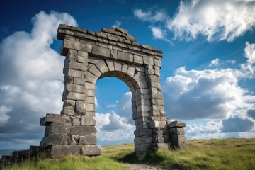 Fototapeta na wymiar majestic stone archway, with a clear blue sky and fluffy clouds in the background, created with generative ai