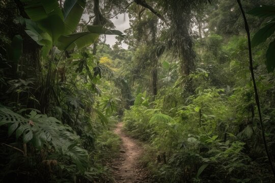 jungle trail winding its way through dense foliage, with glimpses of the sky above, created with generative ai