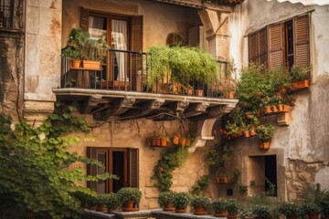 Fototapeta na wymiar mediterranean house exterior with balcony and hanging plants, for a cozy and inviting outdoor space, created with generative ai