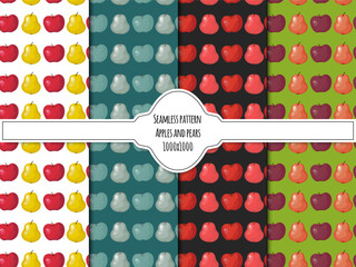 A set of pears and appels seamless patterns 1000 by 1000 pixels with fruits. Vector graphics.