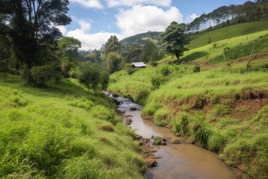 clean water stream running past tree-covered hillside, with view of nearby farm, created with generative ai