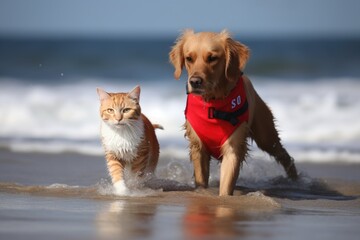 dog and cat lifeguards having a race on the beach, using their speed and agility, created with generative ai