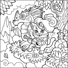 Fototapeta premium cute cat singer and dragon coloring book