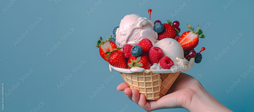 Wall mural Woman's hand holds a cone of waffle ice cream, raspberries, strawberries, blueberries and other useful products are added on top of the cone.