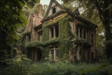 Obraz premium hauntingly beautiful abandoned house, with windows and doors boarded up and overgrown with vegetation, created with generative ai