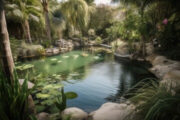 oasis with clear, fresh water and unique aquatic plants, created with generative ai