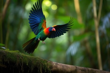 booming of colorful bird in a forest, created with generative ai