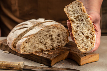 Bread, traditional sourdough bread cut into slices. Bakery, food concept. Top view