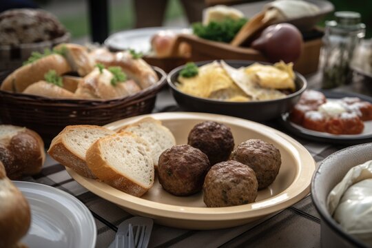 close-up of plate with mouthwatering picnic fare, including meatballs, cheese, and bread rolls, created with generative ai