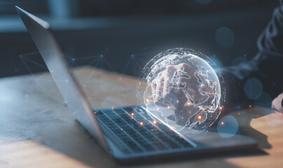 Big data analytics and business intelligence concept. Businessman use computer with Global network connection.  globe with point and line concept of global business. e commers Digital link tech.