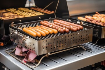 close-up of portable grill with sizzling hot dogs and hamburgers, created with generative ai