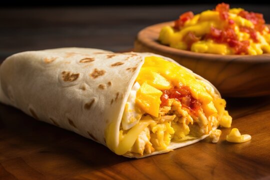 breakfast burrito, filled with scrambled eggs, cheese, and spicy salsa, created with generative ai