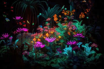 Fototapeta na wymiar neon plant garden, with blooming flowers and buzzing bees, created with generative ai