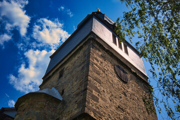 Kirchturm der Evangelische Kirche St. Marien in Orlamünde, Thüringen, Deutschland