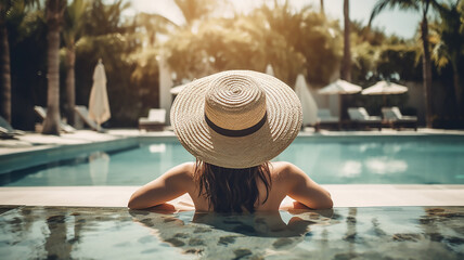 A girl in a hat is relaxing in the pool at the southern resort in the hotel, generative AI tools 