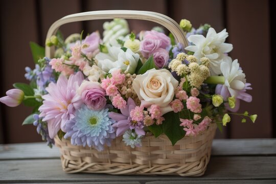 basket overflowing with pastel flowers, perfect for springtime wedding, created with generative ai